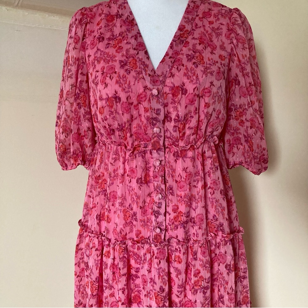 Taylor Pink Floral Ruffle Short Sleeve V neck Button Up Mini Dress size 4 - Picture 4 of 8